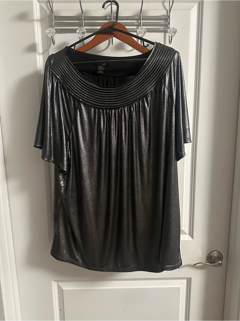 Style & Co. Shimmery Charcoal Scoop Neck Flutter Sleeve Top